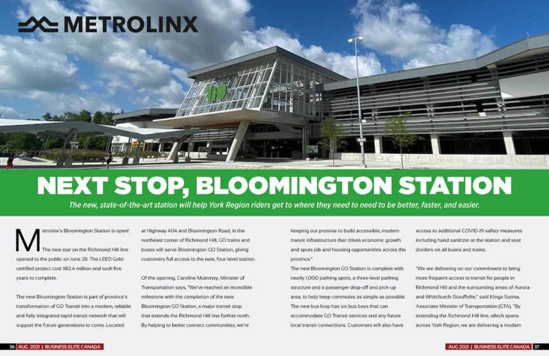 Metrolinx Bloomington GO Station Project Business Elite Canada Magazine